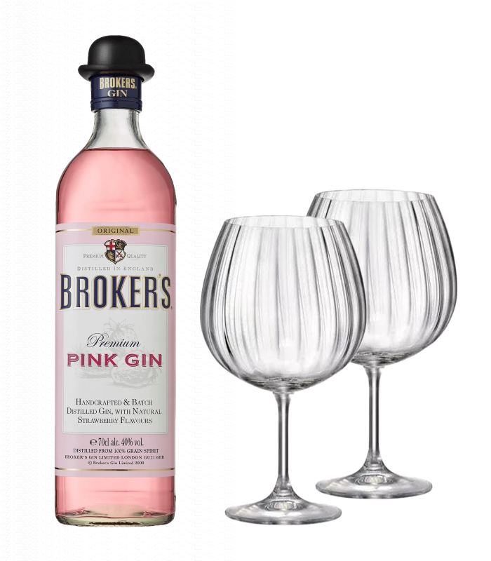 Brokers Pink Gin 40% + 2 Bohemia GIN Glasses