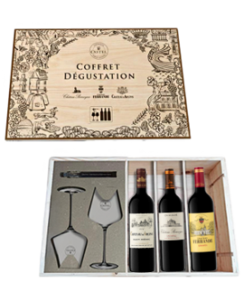 Tasting set Bordeaux in wooden box with 2 glasses and corkscrew