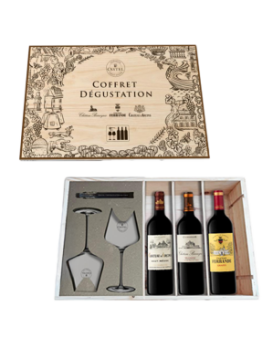 Tasting set Bordeaux in wooden box with 2 glasses and corkscrew